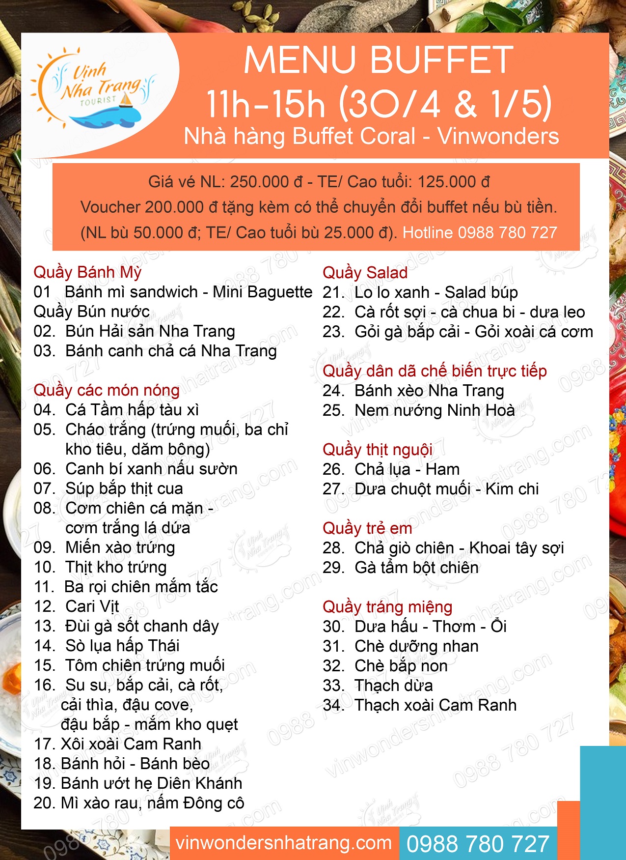 menu buffet 2021 ap dung 30-4 sua lai - Giá vé Vinwonders Nha Trang